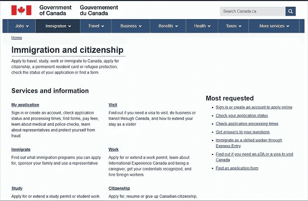 موقع الحكومة الكندية للهجرة والمواطنة