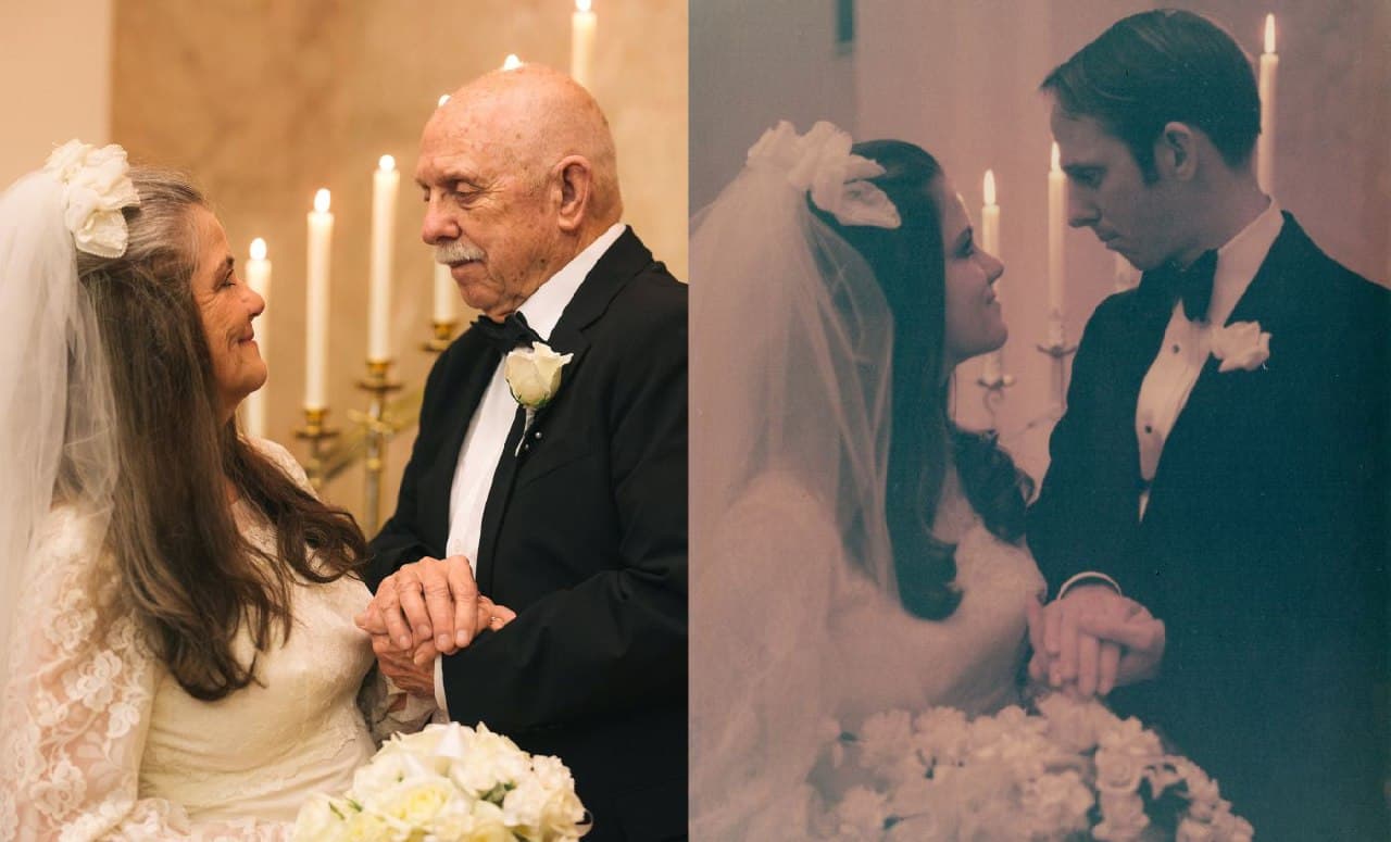بعد مرور 50 عام... زوجان يعيدان التقاط صور زفافهما في نفس الكنيسة وبنفس الملابس