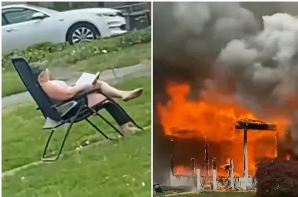 امرأة أمريكية أضرمت النار في منزلها أثناء وجود شخص بداخله وجلست خارجاً تقرأ كتاباً
