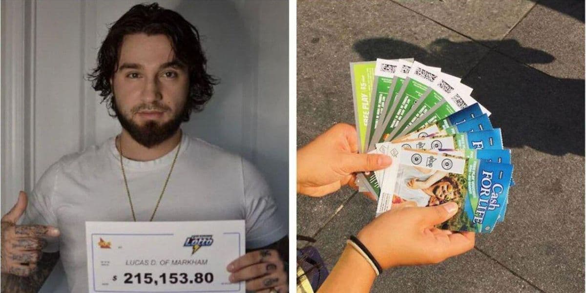 رجل يحتفل بربح اليانصيب بدفع المال عن عملاء في أحد المتاجر في أونتاريو
