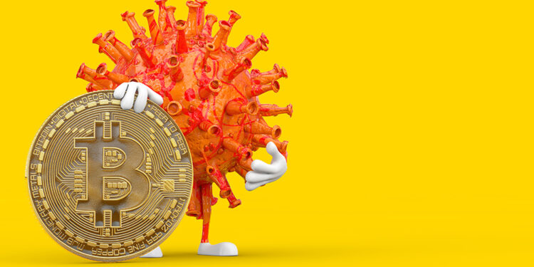 Cartoon Coronavirus COVID-19 Virus Mascot Person Character with Digital and Cryptocurrency Golden Bitcoin Coin on a yellow background. 3d Rendering