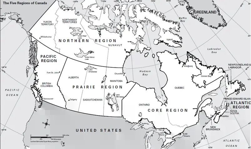 المناطق الخمسة التي تشكل كندا