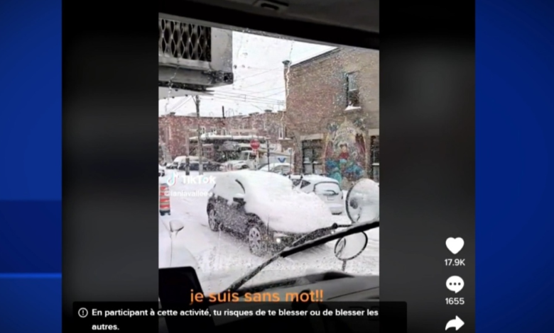 شخص يقود سيارته المغطاة بالكامل بالثلوج في شارع في مونتريال