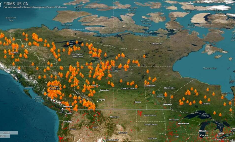 ناسا تنشر خرائط تُظهر مدى انتشار حرائق الغابات في جميع أنحاء كندا