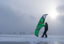 Simon Mazas wingsails on the frozen Lake St. Louis, in the borough of Lachine in Montreal, Jan. 8, 2025