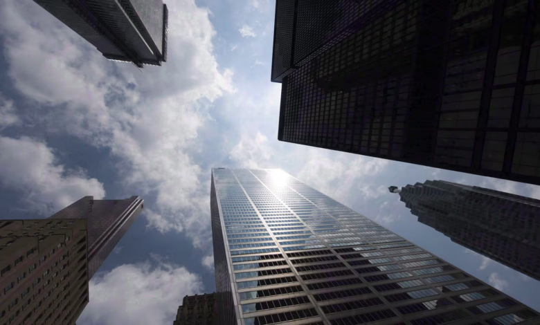 Bank towers are shown from Bay Street in Toronto's financial district