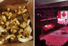 Poutine from Slab Pizza. Right: Scotiabank Arena during a Toronto Maple Leafs game